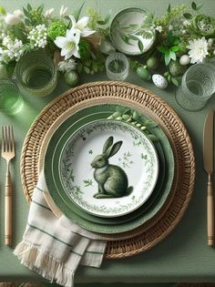 a table setting with green and white plates, silverware, napkins and bunny figurines