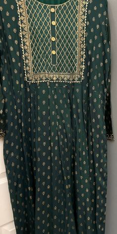 Block printed  green pishwas frock style dress with embroidery in neckline and bottom with laces in pants and dupatta Frock Style, Plain Pants, Dress With Embroidery, Net Dupatta, Printed Dress, Dress Clothes For Women, Style Dress, Pretty Dresses, Color Matching