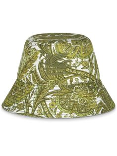 avocado green cotton all-over graphic print embroidered logo to the front decorative stitching dropped wide brim flat crown Embroidered Bucket Hat, Green Hats, Avocado Green, Paisley Pattern, Hat Making, Green Cotton, Logo Embroidered, Graphic Prints, Bucket Hat