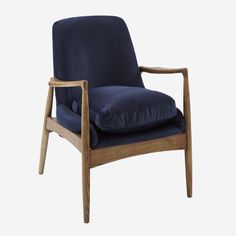 a wooden chair with a blue upholstered seat and back cushion, viewed from the front