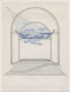 a drawing of an arch with clouds in the sky