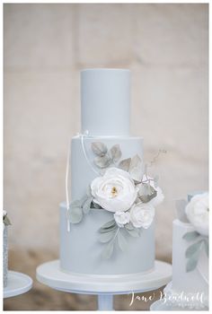 a three tiered blue wedding cake with white flowers and leaves on the top layer