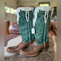 Brand New Ariat’s Women’s Not Worn They Are Turquoise, Whitish Color, And Walnut (Darker Brown) Fitted Turquoise Boots For Ranch, Green Snip Toe Ranch Boots, Fitted Green Snip Toe Boots, Turquoise Cowboy Boots, Ariat Shoes, Shoes Brand, New Woman, Shoe Brands, Blue Brown