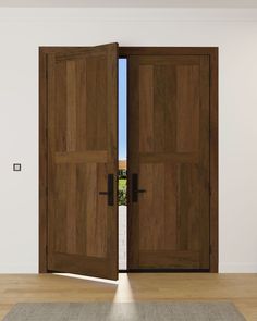 two wooden doors open in an empty room