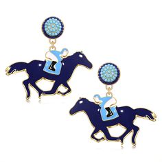 two blue and white horse earrings with pearls on the back of each ear, one has a