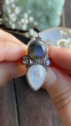 Celestial Moonstone and Labradorite Silver Ring Ballroom Outfit, Star Witch, Witchy Women, Ethereal Jewelry, Huge Rings, Celestial Ring, Crystal Goddess, Witchy Jewelry, Boho Chic Jewelry