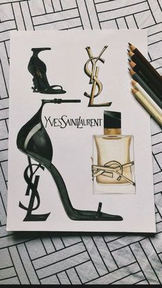 a drawing of shoes and perfume bottles on top of a sheet of paper with pencils next to it