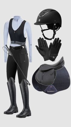 a horse riding outfit and helmet with gloves