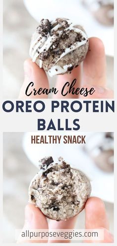 two photos with the words cream cheese oreo protein balls healthy snack