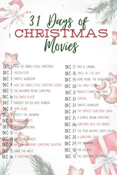 a christmas movie list with presents on it