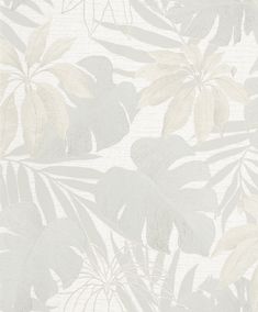 a white and grey wallpaper with leaves on the back drop in front of it