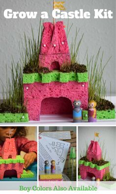 a pink castle made out of crochet and grass with the words grow a castle kit