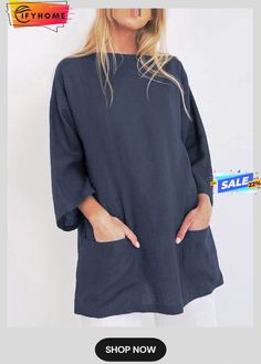 Bateau/boat Neck Pockets Linen T-shirt Navy Relaxed Fit Summer Top, Relaxed Fit Navy Summer Top, Navy Long Sleeve Summer Top, Casual Half Sleeve Tops For Beach, Casual Plain Tops For Beach, Casual Oversized Boat Neck Top, Navy Relaxed Fit Tops For Vacation, Navy Short Sleeve Tops For Fall, Casual Solid Color Beach Tops