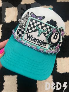 This custom made trucker patch hat is perfect for any occasion whether it be for spring/summer time, a lake hat, a gift for someone, or just a cute accessory to add a little spice to your outfit 🧢✨ DETAILS-  * This hat is one size with an adjustable SnapBack that is adjustable from 20in. - 23.5in. * The color of this hat is Turquoise & Purple * The material of the hat is polyester with iron on patches  REFUNDS AND CANCELLATIONS- Every hat is handmade by me as a result, a slight variation can occur from the picture with patch size or placement. If you have any problems with your hat please message me within 24 hours of receiving your order and I'd be happy to help! No refunds or exchanges will be accepted after. CONNECT- To enter giveaways, discount codes, or behind the scenes, follow our Summer Snapback Hat With Patches And Curved Brim, Trendy Embroidered Snapback Hat For Summer, Turquoise Casual Hat For Spring, Summer Snapback Cap With Patches, Trendy Summer Snapback Hat With Embroidered Patch, Adjustable Summer Snapback Hat With Patches, Green Trucker Baseball Cap For Spring, Adjustable Baseball Cap With Patches For Summer, Adjustable Summer Baseball Cap With Patches