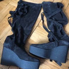 Soft-Knee High Suede Boots With Wrap Around Tie. Platform Wedges Robert Clergerie, Suede Boots Knee High, Suede Wedges, Wedge Boots, Platform Wedges, Suede Boots, Wrap Around, Black Suede, Knee High