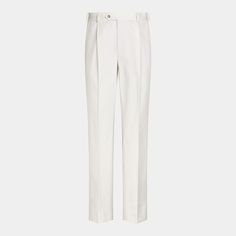 Featuring a prominent wide-leg fit, the pleated off-white Duca pants offer a relaxed, easygoing aesthetic, showcasing noticeable style with their unique design. White Wide-leg Bottoms With Pressed Crease, White High-waisted Wide Leg Pants With Pressed Crease, Tailored White Wide Leg Pants With Pressed Crease, Chic White Bottoms With Pressed Crease, Chic White Wide Leg Pants With Welt Pockets, Tailored White Pants With Pressed Crease, White Straight Leg Bottoms With Pressed Crease, Cream Wide-leg Pants With Pressed Crease, White Wide Leg Pants With Welt Pockets For Work