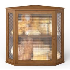 a wooden display case filled with bread and pastries on top of a white surface