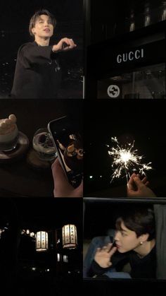 a collage of photos with people holding their cell phones in the dark and fireworks coming out of them