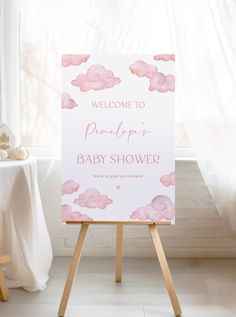 a baby shower sign sitting on top of a wooden easel