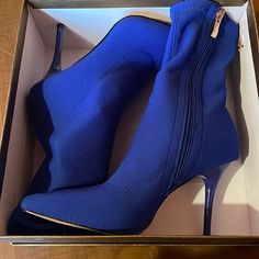 Never Worn. Stiletto Mid-Calf Booties Chic Blue High Ankle Heeled Boots, Blue Fitted Pointed Toe Heeled Boots, Blue Fitted Ankle Heeled Boots, Blue Ankle-high Heeled Boots For Winter, Blue Ankle-high Heels With 4-inch Heel, Blue Heels, Mid Calf, Shoes Women Heels, Shoes Heels