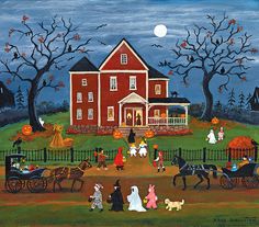 a painting of people dressed up in halloween costumes on a field with horses and buggies