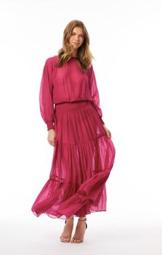 Think pink with the Adrienne Landau maxi dress. Casual Pink Maxi Dress With Elastic Waistband, Pink Maxi Dress With Elastic Waistband For Spring, Summer Pink Dress With Blouson Sleeves, Casual Long Sleeve Maxi Dress With Elastic Waistband, Pink Flowy Dress With Smocked Cuffs, Pink Floor-length Maxi Dress For Daywear, Bohemian Pink Dress With 3/4 Sleeves, Pink A-line Maxi Dress For Daywear, Bohemian Pink 3/4 Sleeve Dress