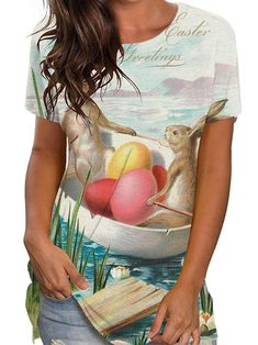 Material: Made of 91-99% Polyester+spandenx, soft and stretch comfortable to wear. Feature: Short Sleeve, Easter Day Element Print, Round Neck, T-shirt, Egg\Bunny\Floral Print, Bodycon. Easter Graphic Print Short Sleeve Tops, Easter Graphic Print Crew Neck Top, Casual Short Sleeve T-shirt For Easter, White Crew Neck T-shirt For Easter, White Crew Neck Top For Easter, Casual White Easter Tops, Casual White Tops For Easter, White Short Sleeve T-shirt For Easter, Kawaii Rabbit