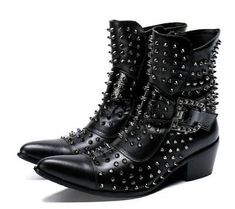 Men Punk Leather Cowboy Ankle Boots Rubber Metal Pointed Toe Buckle Rivets Shoes | eBay Punk Ankle-high Studded Boots, Punk Martin Boots For Fall Concert, Punk Style Martin Boots For Fall Concerts, Fall Punk Martin Boots For Concerts, Gothic Moto Boots For Fall Parties, Grunge Moto Boots For Winter Party, Punk Ankle-high Moto Boots With Studs, Punk Style Martin Boots With Pointed Toe For Fall, Punk Ankle-high Studded Moto Boots