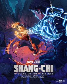 the poster for the upcoming film, shang - chi is shown in front of a cave