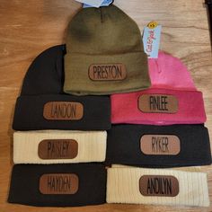 Winter Hats with custom laser engraved leather patch.  Patch is attached to hat using adhesive and is not sewn into the hat. Please message me to get your custom order started today! Customizable Brown Outdoor Hat, Personalized Brown Hats, Personalized Brown Hats One Size Fits Most, Bon Aqua, Laser Gifts, Laser Engraved Leather, Leather Engraving, Cat & Jack, Winter Hat