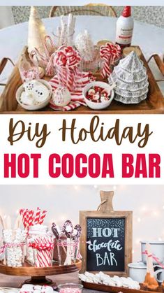 hot cocoa bar with candy canes, marshmallows and other holiday treats