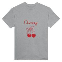 Be boldly stylish with our Cute Coquette Cherry Printed T-Shirt. Available in a variety of vibrant colors, this shirt is perfect for those who want to make a statement while staying comfortable. Express your unique personality and stand out from the crowd with this fun and playful piece.- A classic t-shirt with crew neck.- Air-jet spun yarn with a soft feel and reduced pilling.- Double-needle stitched collar, shoulders, armholes, cuffs, and hem.- 100 % cotton. Trendy Gray T-shirt With Text Print, Trendy Gray Cotton T-shirt, Trendy Red T-shirt With Text Print, Gray Graphic Tee For Summer, Gray Screen Print T-shirt For Summer, Gray Graphic Tee For Spring, Summer Gray T-shirt With Slogan, Cute Gray Cotton T-shirt, Spring Gray T-shirt With Slogan