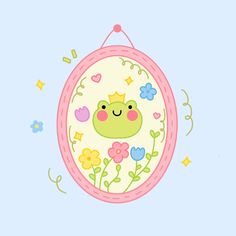 a cartoon frog hanging from the side of a pink frame with flowers and hearts on it