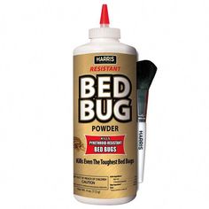 a bottle of bed bug powder with a brush in it's cap on a white background