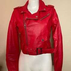 Red Vegan Leather Moto Biker Jacket, With Silver Zipper Detail, From Windsor Store Size Small. Brand New With Tags! Super Hot! Red Biker Jacket With Zipper For Streetwear, Casual Red Leather Jacket For Biker Events, Red Biker Outerwear For Events, Red Biker Outerwear For Biker Events, Red Biker Jacket For Streetwear, Red Leather Jacket With Zipper For Streetwear, Red Zipper Outerwear For Biker Events, Red Zipper Closure Outerwear For Biker Events, Red Long Sleeve Outerwear For Biker Events