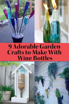 several bottles with plants in them and the words 9 adorable garden crafts to make with wine bottles