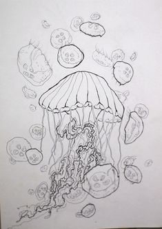 a drawing of a jellyfish with skulls on it