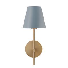 a wall light with a blue shade on the side and a wooden frame around it