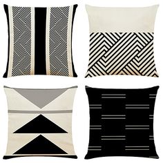 four black and white pillows with geometric designs on the front, one in grey and one in beige