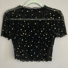 Sheer Mesh Black Crop Top With Gold Metallic Stars Lettuce Hem And High Neckline Lots Of Stretch Great For Fairy Witch Grunge Goth Halloween Costume Size Large, Will Fit Smaller 13” Pit To Pit Plus Stretch 15” Shoulder To Hem New Without Tags, Never Worn Goth Halloween Costume, Fairy Witch, Goth Halloween, Mesh Crop Top, Lettuce Hem, Black Crop Top, Grunge Goth, Shein Tops, Black Crop