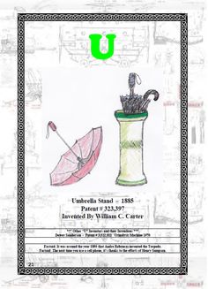 a drawing of an umbrella next to a vase with flowers in it and the letter u