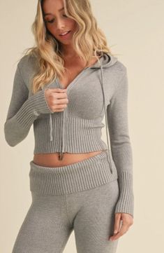 Cozy-chic, slim fit hoodie with a 2-way zip and sweater knit fabric. HPS S - 16 1/2" M - 17" Knit Two Piece Set, Beachy Outfits, Trouser Outfit, Crop Top Hoodie, Top And Pants Set, Frankies Bikinis, Summer Party Dress, Long Sleeve Jumpsuit, Knit Hoodie