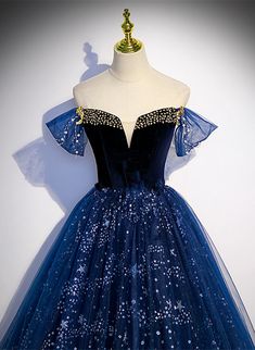 Blue Tulle Gown With Sequins, Blue Sequined Tulle Gown, Fitted Royal Blue Tulle Evening Dress, Blue Embellished A-line Evening Dress, Royal Blue A-line Evening Dress For Prom, Blue Sequined Tulle Evening Dress, Royal Blue Tulle Evening Dress For Prom, Royal Blue Tulle Dress For Banquet, Royal Blue Tulle Evening Dress