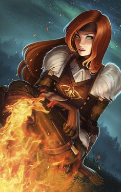 a woman with red hair is holding a fire