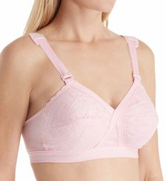 Pretty lace cup bra has elastic bands that cross at front for improved fit and support without wires, as well as extra comfort and easy-use features on straps. Wireless multi-part cup has very light padding for better coverage. Horizontal cup seam produces a slightly conical effect. Crossed elastic bands at center front supply support and separation. Elastic underband maintains a close fit and provides light support. Sides and back are sheer mesh with sewn-on picot trim elastic at top and underb Push-up Nursing Bra With Straps, Lace Nursing Bra With Medium Bust Support, Lace Push-up Bra With Straps, Lace Push-up Nursing Bra With Adjustable Straps, Pink Lace Bra With Adjustable Straps, Adjustable Straps Full Cup Nursing Bra, Supportive Pink Bra, Pink Nursing Bra With Adjustable Straps, Supportive Bra With Adjustable Straps