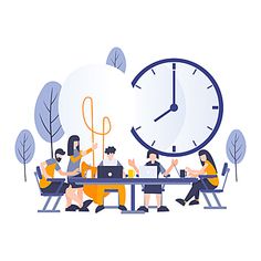 people sitting at a table with laptops and a large clock