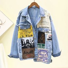 Discover the bold Vintage Patchwork Denim Jacket featuring a unique graphic design. It's perfect for fashion-forward individuals and free shipping is available! Newspaper Pattern, Ropa Upcycling, Trendy Graphic Design, Patchwork Denim Jacket, Coat Trends, Jean Jacket Women, Painted Denim, Oversized Denim Jacket, Blue Denim Jacket