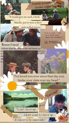 a collage of photos with words and pictures on it, including flowers in the background