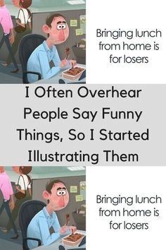 two cartoon pictures with people eating food and one is looking at the camera while another looks on