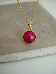 Ruby necklace July birthstone necklace gemstone necklace Gold Ruby Necklaces With Bezel Setting, Ruby Necklace With Bezel Setting As Gift, Gold Faceted Ruby Necklace, Round Faceted Necklace For Gift, Sterling Silver Gemstone Necklace, Necklace Ruby, Ruby Pendant, Ruby Necklace, Pretty Necklaces